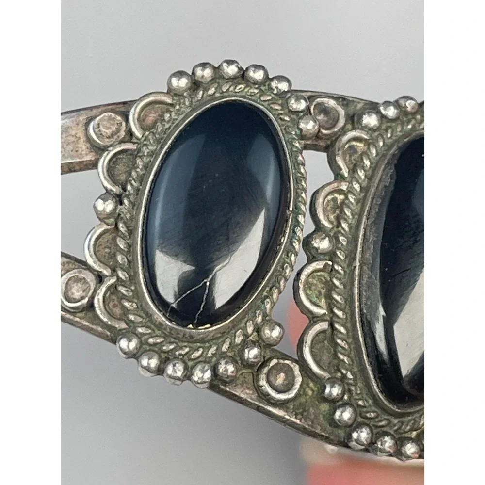 Black Onyx 3 Stone Silver Cuff Bracelet Handcrafted Southwestern 30.35g